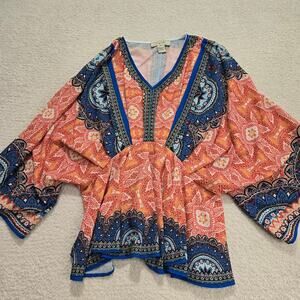 Flying Tomato Dolman Sleeve Printed Top Blouse V-neck Size XS Boho Chic